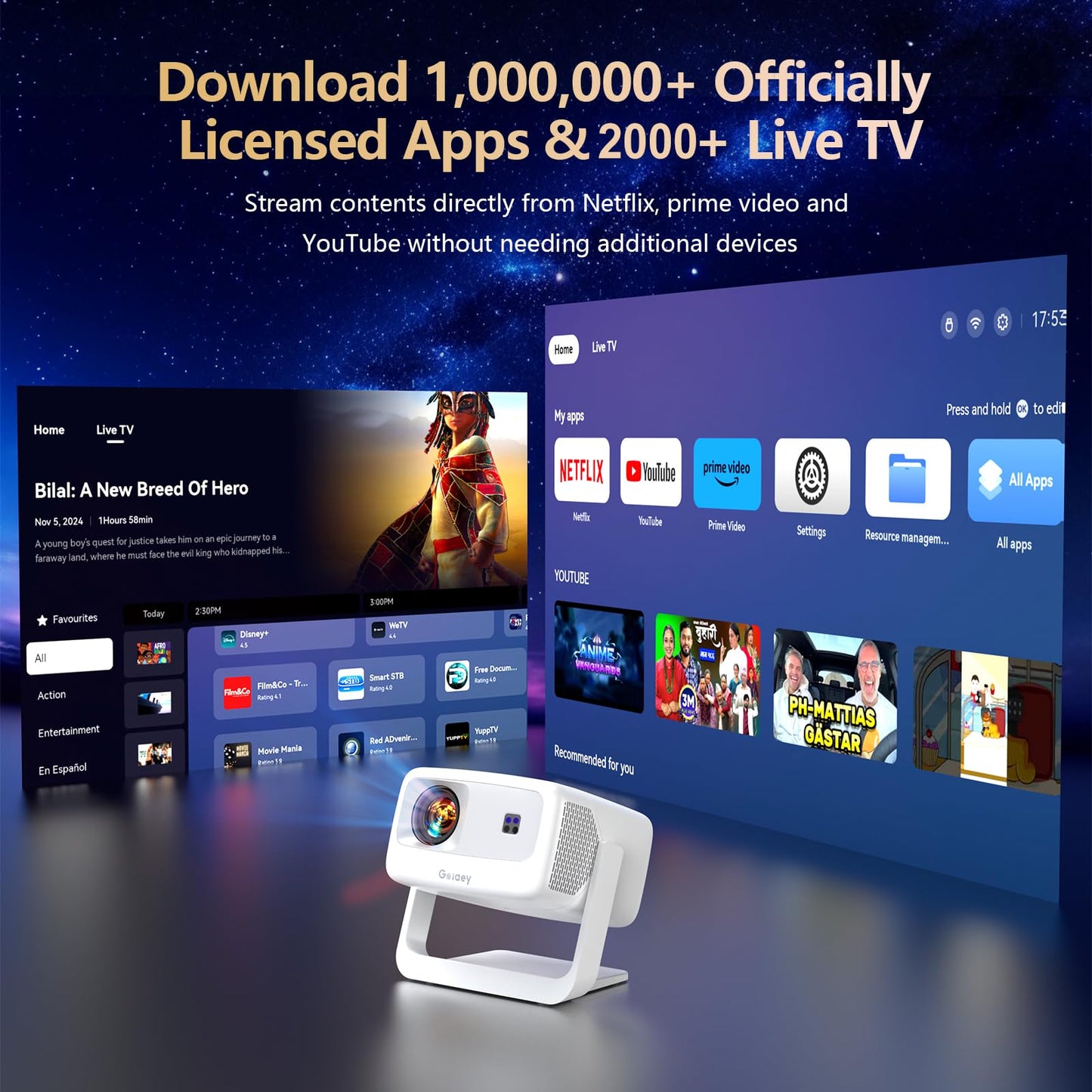 [3500-Ultra Bright/Official Apps Downloads/65W Dolby Audio/4K Support] Smart Outdoor Projector with WiFi and Bluetooth, Auto Focus, All-in-One Streaming Apps Proyector, 2026 Upgraded from Grey Model