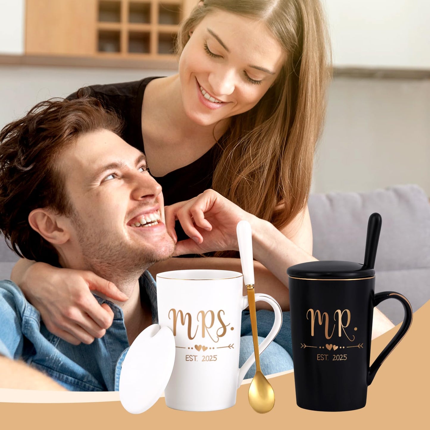 Cabtnca Wedding Gifts, Mr And Mrs Gifts, Engagement Gift for Couples 2025, Mr And Mrs Est 2025 Mug Set, Wedding Registry Bridal Shower Gift, 14 Oz Black & White