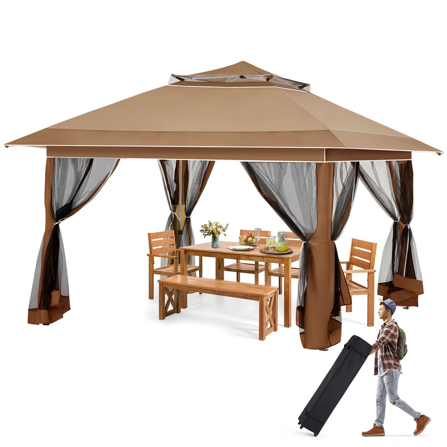 ECOTOUGE 12FT Pop Up Tent Canopy, Waterproof Canopy with Net and UV Resistant, Sidewalls Instant Shelter Gazebo with Carrying Roller Bag for Garden, Grill and Backyard (Brown)