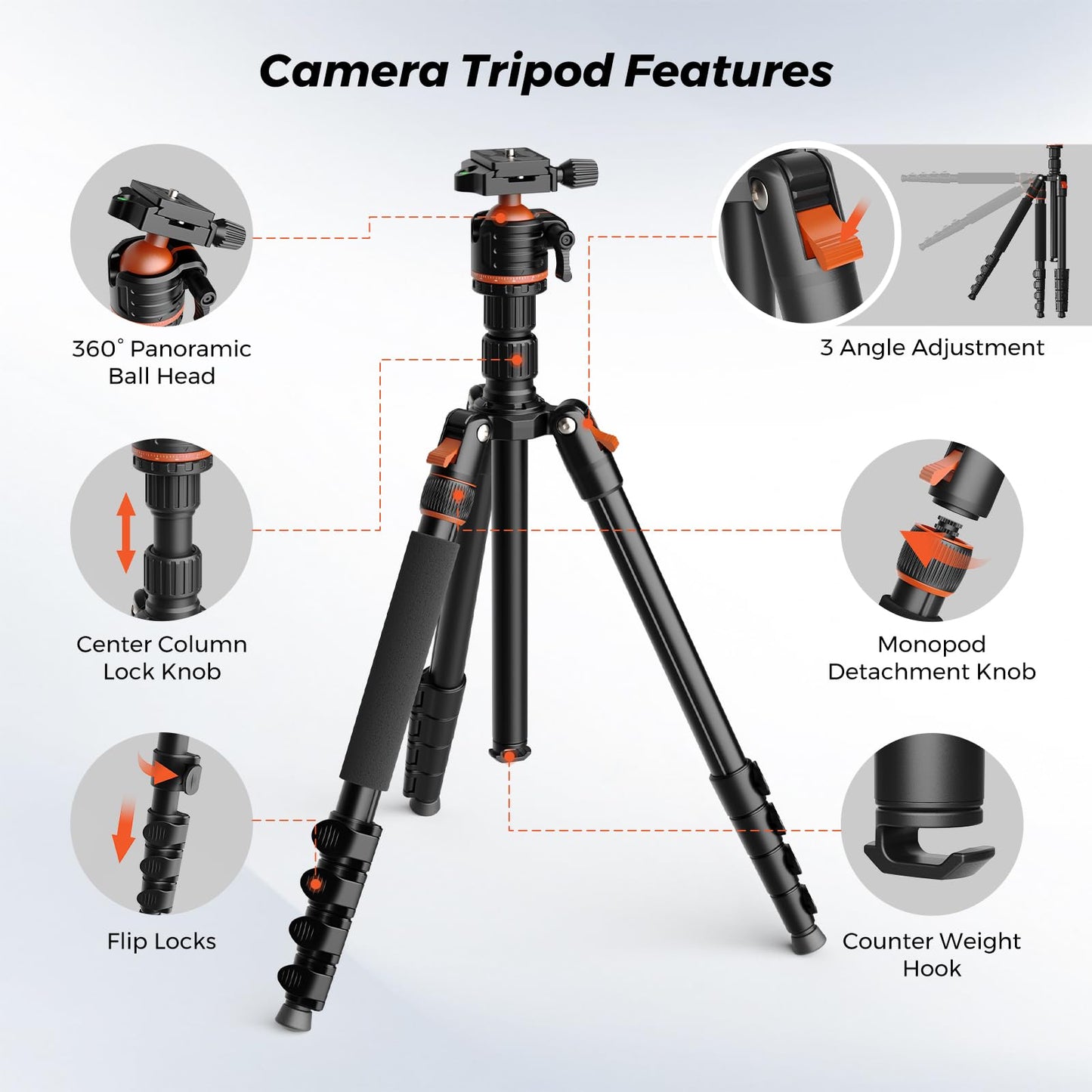 NearStream 72" Camera Tripod with 360° Ball Head, Heavy Duty Aluminum Adjustable 21–72 Inch Tripod/Monopod, 9 lb Load Professional Tripod for DSLR, Camera, Photography, Video Recording& Live Streaming