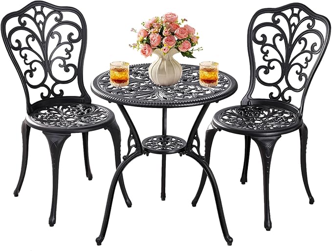 Withniture Patio Bistro Set 3 Piece Outdoor,Cast Aluminum Outdoor Bistro Table and Chair Set of 2 with 1.97" Umbrella Hole,All Weather Bistro Table Set for Front Porch Set(Butterfly Black)