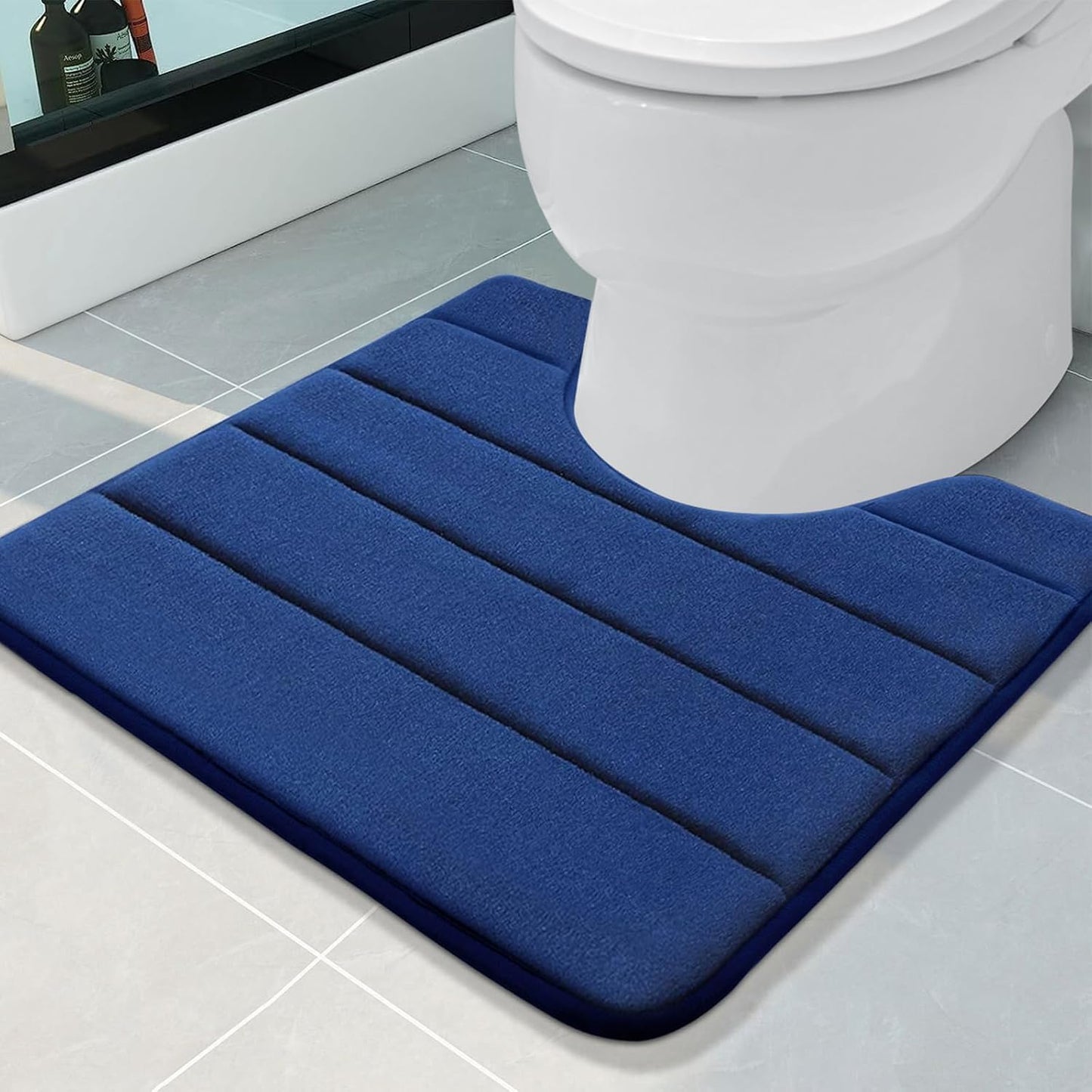 Buganda Memory Foam U-Shaped Contour Toilet Rugs, Non Slip Absorbent, Thick Soft Washable Bathroom Mat, Floor Carpet Bath Rugs Mat for Toilet Base (20" x 20", Navy Blue)