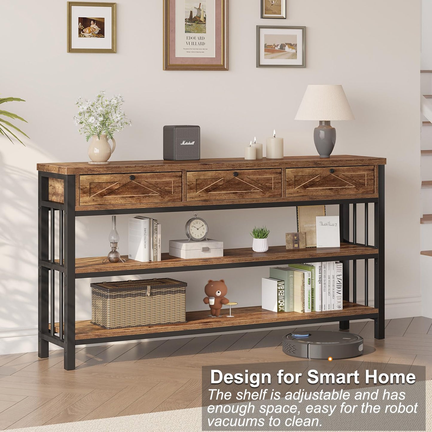 HSH Entryway Table with 3 Drawers, 55” Rustic Sofa Table with Storage Shelves, 3 Tier Console Table Behind Couch for Living Room, Farmhouse Wood Metal Entry Hallway Table for Entrance, Brown, 55 inch