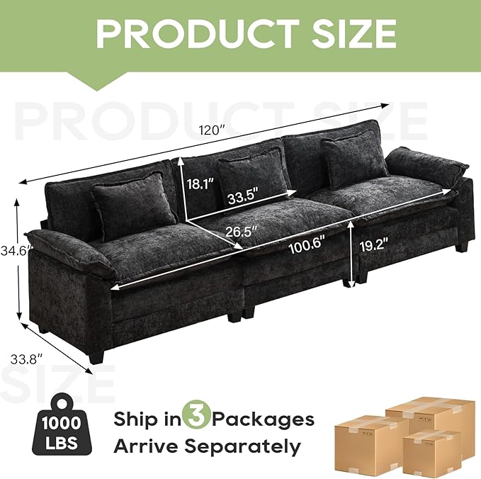 Oprisen 120" Modular Sectional Sofa, Comfy Cloud Couch Sectional Sofa, Chenille Sofa Sleeper Deep Seat Sofa with Throw Pillows for Living Room (Black, 120"- 3 Seater)