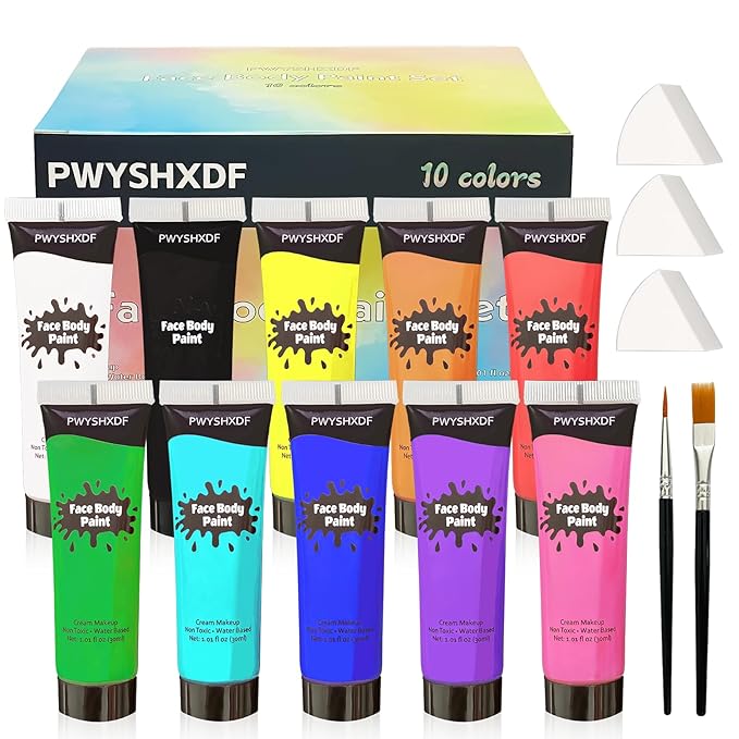 10 Colors Face Body Paint Set, Water Based Body Paint for Kids, Washable Face Paint Kit with Brushes & Sponges, Non-Toxic Face Painting for Halloween Party Cosplay Stage Makeup