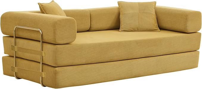 Convertible Couch Sofa Bed Foldable Floor Sleeper | Modern Fold Out Deep Seat Couch | Removable Backrest & Armrests | No Assembly Compression Sofa Sleeper for Living Room, Bedroom, Corduroy Yellow