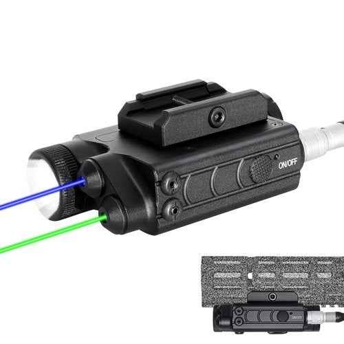 1200 Lumens Tactical Flashlight Dual Laser Combo for Rifle, with Momentary/Constant/Strobe Model, Green and Blue Laser & Tactical Flashlight Multi-Function Combo, with 9-inch Remote Pressure Switch