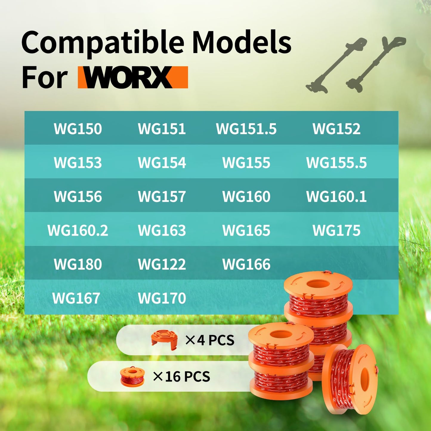 20 Pack Trimmer Spool Line for Worx,(WA0010)Replacement Trimmer Spool Line for Worx,Trimmer Line Refills 0.065 inch for Worx,Suitable for Worx String Trimmers(16 Pack Grass Trimmer Line,4 Trimmer Cap)