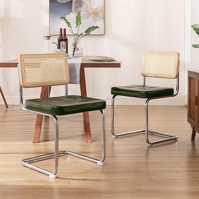 Zesthouse Natural Rattan Dining Chairs Set of 6, Modern Dining Room Chairs with Solid Wood Back for Kitchen Living Room, Mid Century Breuer Design Inspired, Upholstered Faux Leather Green