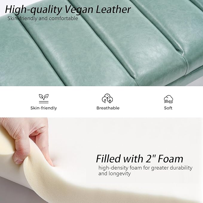 AIITTCC Faux Leather Bench 46.5" Ottoman Bench,Tufted Padded End of Bed Bench with Metal Legs, Upholstered Shoe Bench for Bedroom Living Room Entryway Window (Sage Green, 46" Wide)