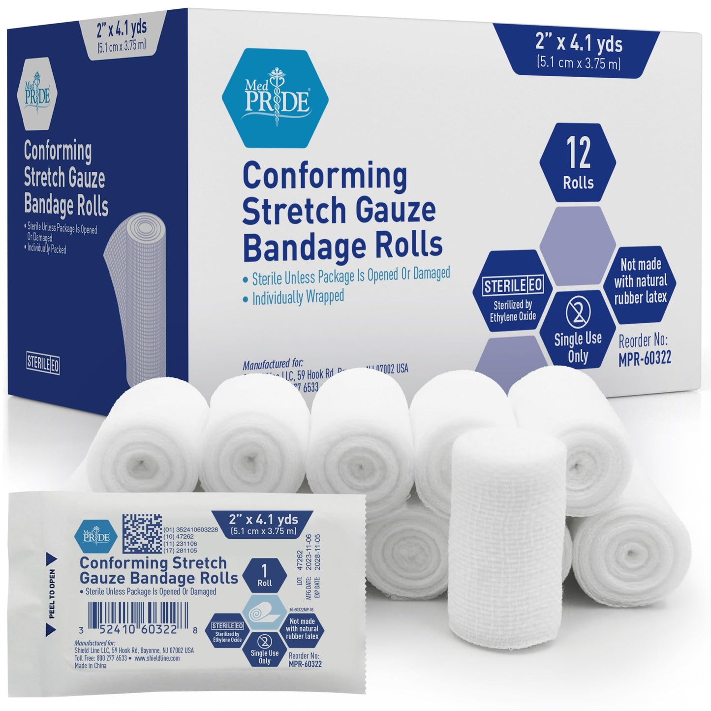 MED PRIDE 2 in Conforming Stretch Gauze Bandage Sterile Latex-Free Non-Adherent First Aid Wound Care Rolls (2x147.6 Inch (Pack of 12))