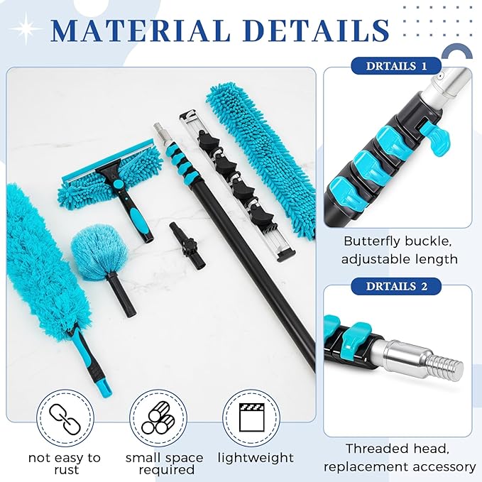 36 Foot High Reach Duster Kit with 7-30 ft Extension Pole, High Ceiling Fan Cleaner Duster Tool for Fan Blades, Window Squeegee, Washable Dust Brush for Roof and Glass Surfaces (7-30 ft)