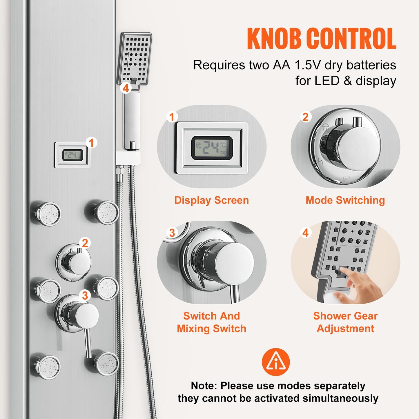 VEVOR Shower Panel Tower System, 5 Shower Modes, Digital Display Shower Panel, Rainfall, 8 Massage Jets, Tub Spout, 3-Setting Handheld Shower Head 59" Hose, Stainless Steel Wall-Mounted Shower Set