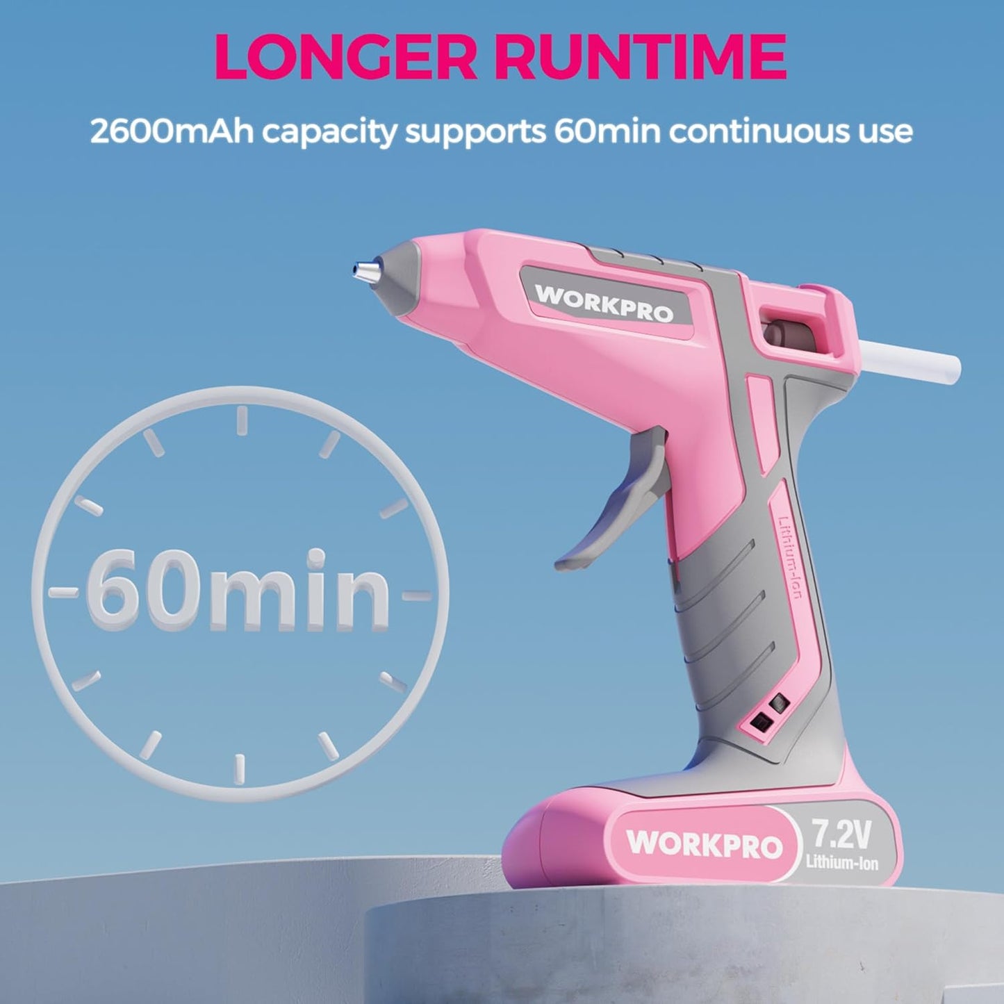 WORKPRO Pink Cordless Hot Melt Glue Gun, 7.2V Rechargeable Fast Preheating Glue Gun Kit with 20 Pc Premium Mini Glue Stick, Automatic-Power-Off Hot Glue Gun for Art, Craft, Decoration - Pink Ribbon