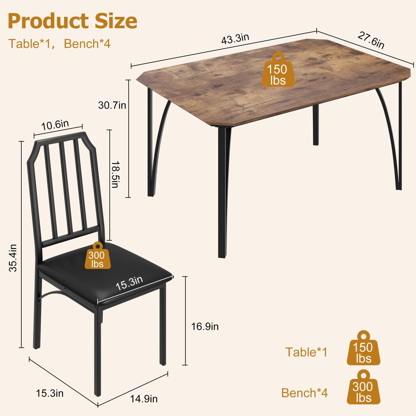 GAOMON Dining Table Set for 4, Kitchen Table and Chairs for 4 with with Chamfer Design, 5 Piece Dining Room Table Set with Cushion Seats for Small, Home Kitchen, Apartment-Rustic Brown