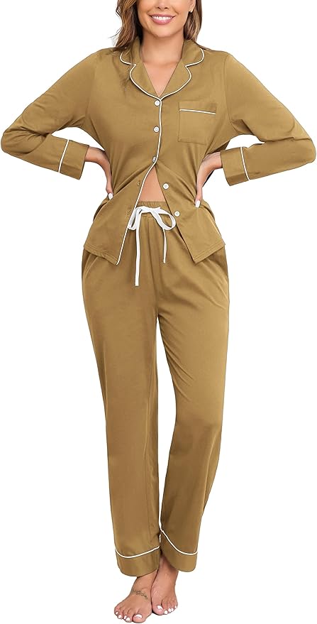 Veseacky 100% Cotton Pajamas for Women Set Long Sleeve Button Down Sleepwear Soft Pjs Lounge Sets with Pockets XS-XXL