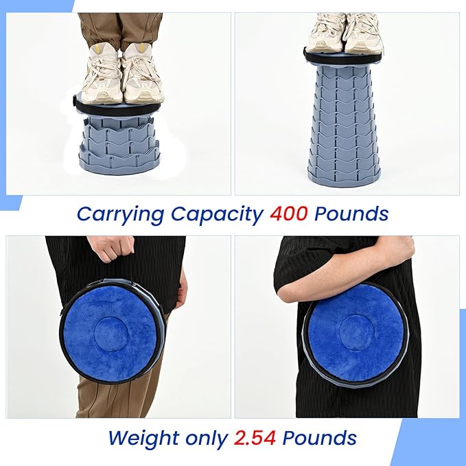 FXKS 2 Pack Upgraded Collapsible Stool Folding Stool with Cushion,Retractable Folding Stool Max Load Capacity 400lbs, Portable Telescoping Stools for Camping Hiking Outdoor BBQ -Grey