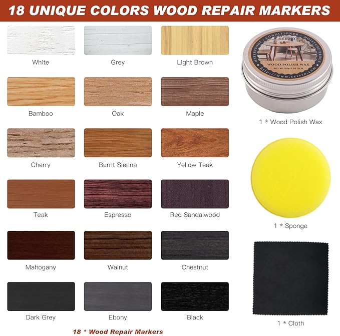 Furniture Repair Kit Touch Up Markers, 18 Colors Wood Repair Markers Set with Polish Wax, Wood Repair Pens for Scratches, Stains, Tables, Faded, Cabinet, Floors, Bedposts