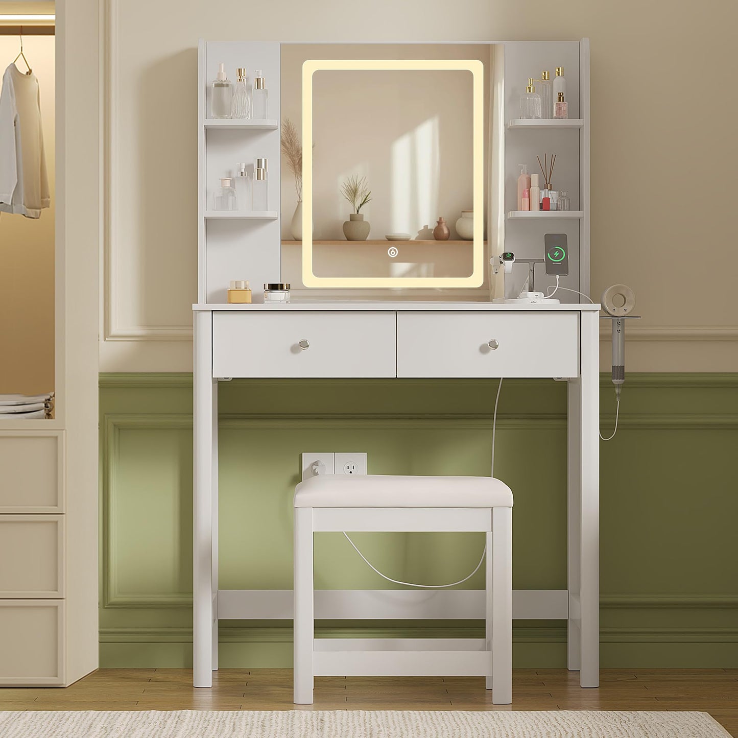ProsperHaven Vanity Desk with Mirror and LED Lights, Small Makeup Vanity Table Set with Drawers and Chair, Dressing Table with Power Outlet for Girls Bedroom, White