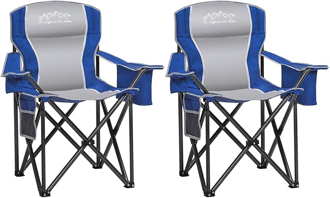 SAILARY Camping Chair Heavy Duty High Back Folding Chair with Cup Holder, 450lbs Capacity, Padded Seat, Cooler Bag & Storage Pocket, Portable for Outdoor, Beach, Fishing, Sports, 2 Pack Blue