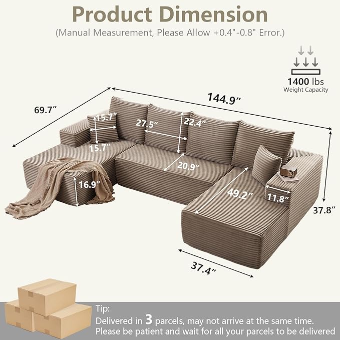 Sectional Cloud Couch for Living Room, Modular Floor Deep-Seat Sofa, Big Comfy Corduroy Couches Set with Fluffy Memory Foam, Stupendous U Shaped Sofas, No Assembly Required, Camel