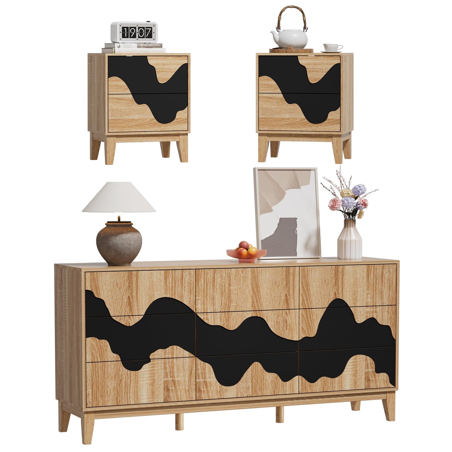 UEV 9-Drawer Dresser & 2 Nightstands Set - 3 Piece Modern Bedroom Furniture Set, 63" Wide Wooden Chest of Drawers with Flowing Water Pattern,2-Drawer Night Stands for Bedroom (Natural/Black