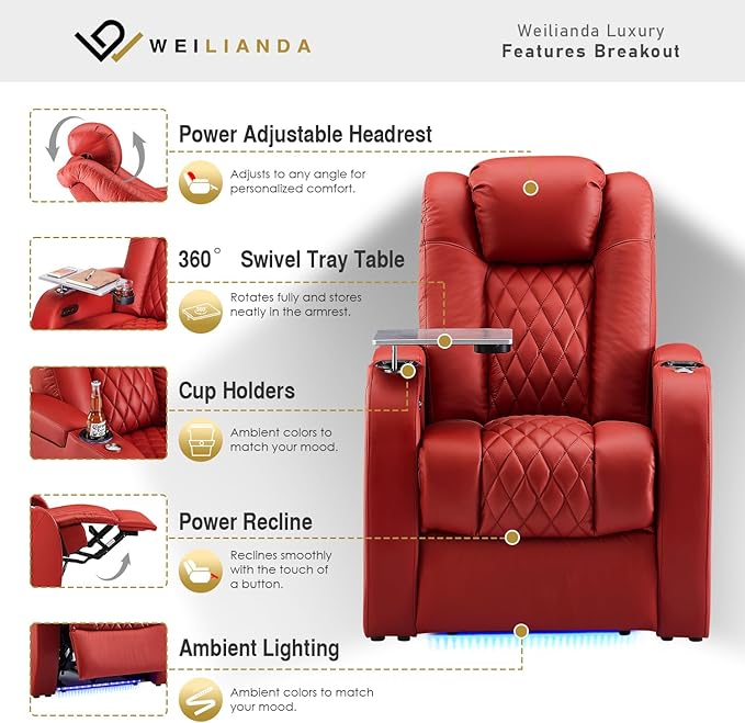 Weilianda Home Theater Seating Top Grain Leather Zero Gravity Recliner Chair Power Headrest Recline Movie Seat Gaming 7 Colors Mood Light Sofa with Tray Table USB Charge Row of 4 Loveseat Right Red