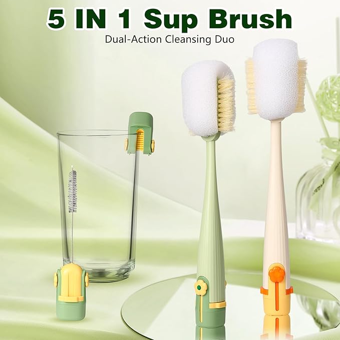 5 in 1 Bottle Cleaning Brush Set, 2026 New Multifunctional Lid Brush Cleaning Tool Kitchen, Cleaning Tool Kitchen, Portable Long Handle Bottles Scrubber for Cup Lids(Green and White)
