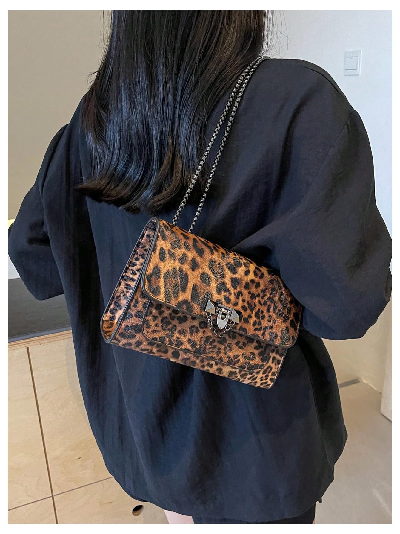 RoseSeek Women's Leopard Print Chain Shoulder Bag Metal Buckle Handbags Leather Clutch Purse Coffee Brown One-Size