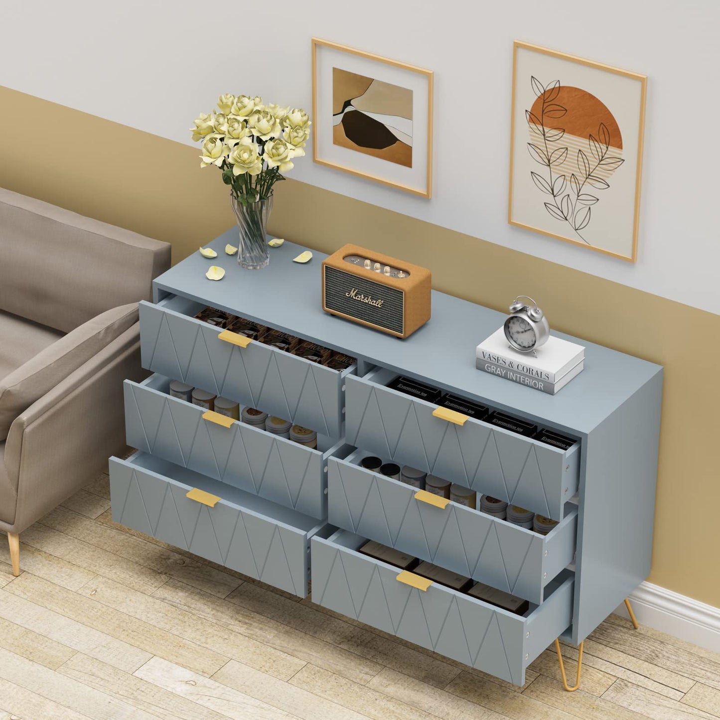 UEV Large Blue 6 Drawer Dresser,Modern Dresser Chest with Wide Drawers and Metal Handles,Wood Storage Chest of Drawers for Bedroom,Hallway,Entryway (Blue, Large 6 Drawer)