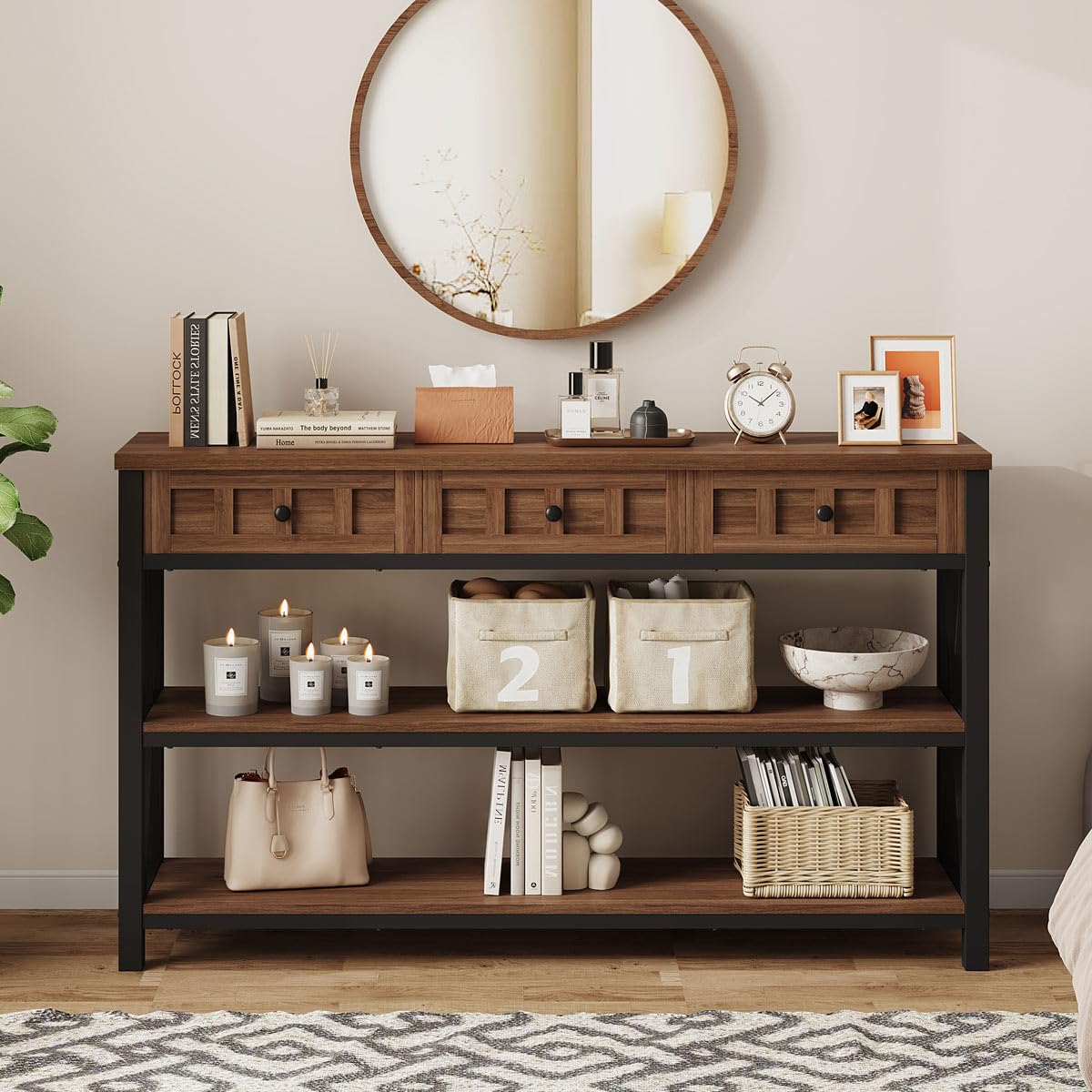FATORRI Console Table for Entryway, Farmhouse Sofa Table with 3 Drawers for Living Room, Wood and Metal Hallway Tables with Storage and Couch Tables Behind Sofa (54.72 Inch Long, Medium Walnut)