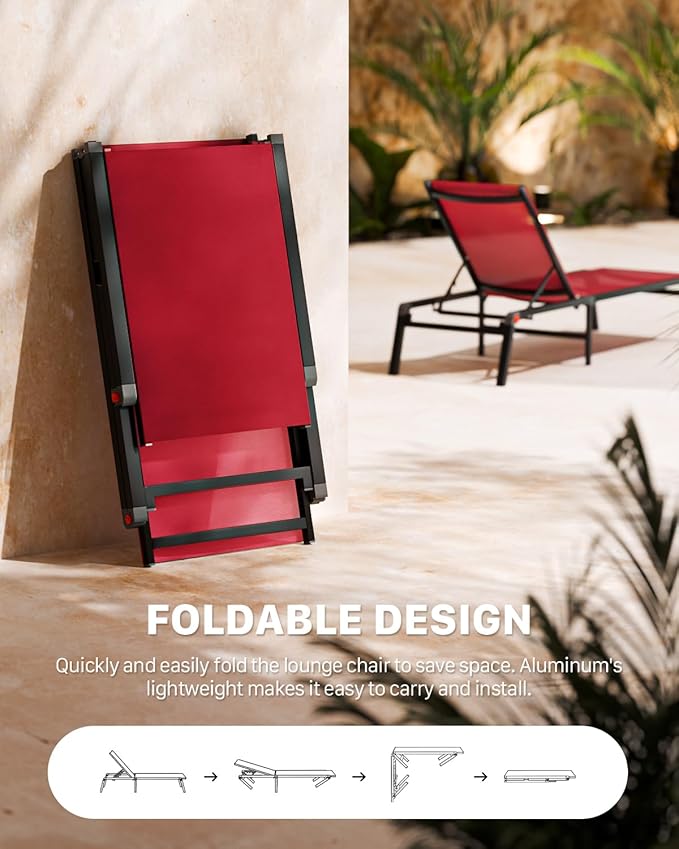 Aluminum Chaise Foldable Patio Lounge Chair Outdoor, Metal Deck Lounger Adjustable 5-Position Recliner Pool Chase Breathable Full Flat Outside Sun Tanning Chairs for Beach/Poolside/Lawn(Red, 1 Pack)