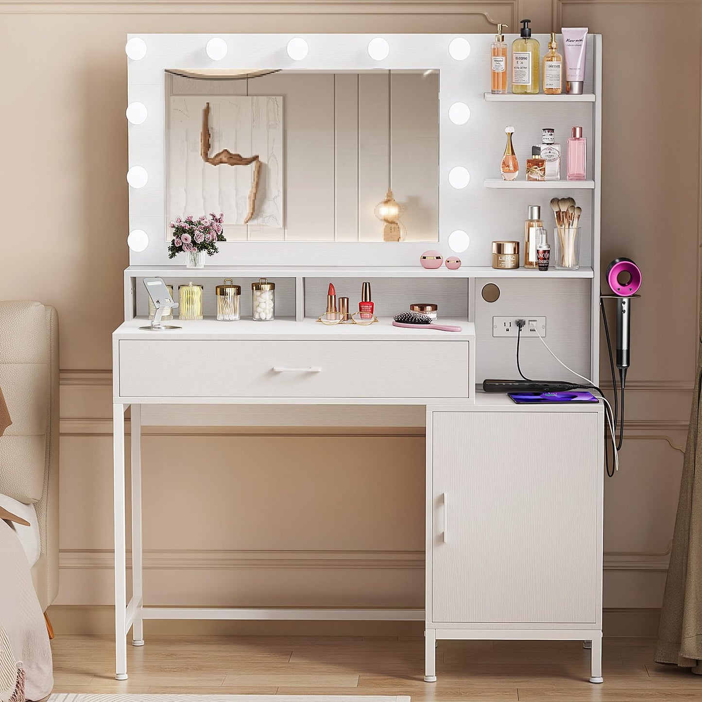 Driftalia Vanity Desk with Mirror and Lights, Makeup Vanity with Storage Drawer, Power Outlet and Large Cabinet for Bedroom - White
