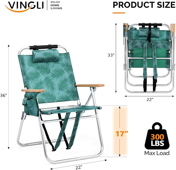 VINGLI Aluminum 17" Backpack Beach Chair – Tall Beach Chairs for Adults, Portable with Adjustable Straps, 3-Position Reclining, Cup Holder, High Lightweight Beach Chairs for Beach