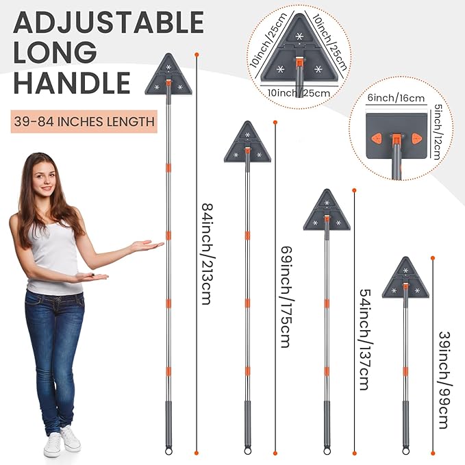 Baseboard Cleaner Tool with 84" Long Handle, 360° Wall Mop with Triangle & Rectangle Heads & 8 Reusable Pads for Baseboard, Wall, Ceiling Cleaning