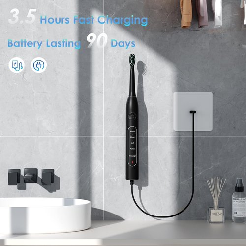 SunnyNest Electric Toothbrush for Adults with 8 Replacement Brush Heads, Travel Bag, 5 Cleaning Modes, IPX7 Waterproof, Rechargeable, Smart Timer, Black Whitening Power Toothbrush Set