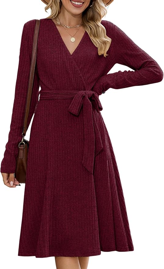 ZAFUL Women's 2025 Casual V Neck Long Sleeve Sweater Dress Wrap Ribbed Knit Pleated Midi Dresses with Belt