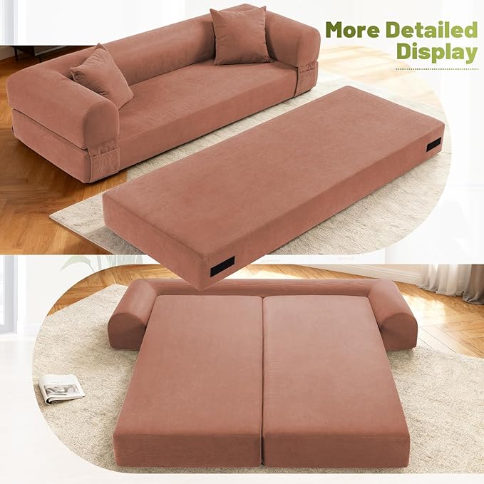 GJQ Convertible Futon Sofa Bed,80" Folding Pull Out Couch Bed with Storage,Queen Sleeper Sofa Bed,Compressed Couch in a Box,Corduroy Boneless Couches for Living Room,Pink