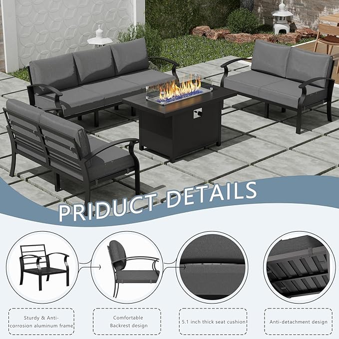 RTDTD Aluminum Outdoor Patio Furniture Set,4 Pieces 7 Seats Patio Conversation Sets with 45" Propane Fire Pit Table,Metal Patio Sectional Furniture Set w/5.1" Cushions for Porch,Deck,Backyard,Grey