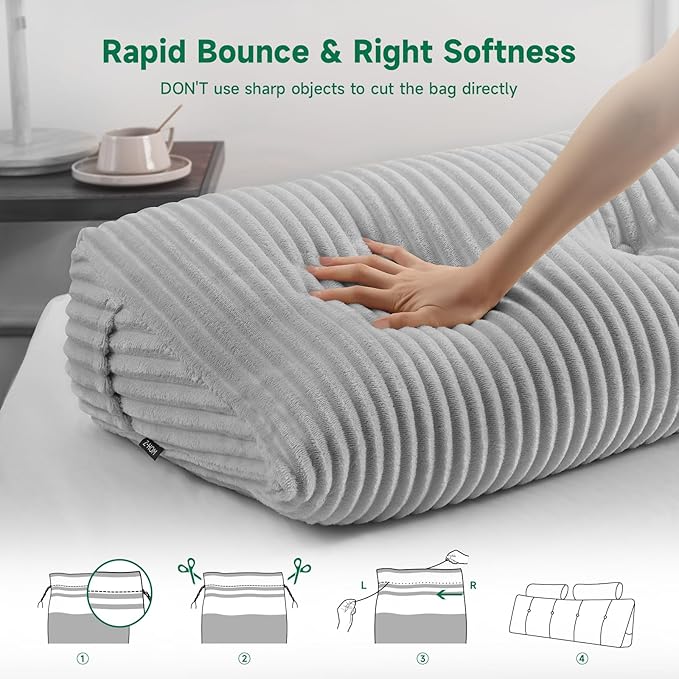 Z-hom Large Wedge Pillow Headboard, Twin Triangular Headboard Pillow, Reading Pillow Bed with a Roll Pillow for Bed Sitting Up Sleeping, Backrest Cushion Headboard Gap Pillow for Back, Light Gray