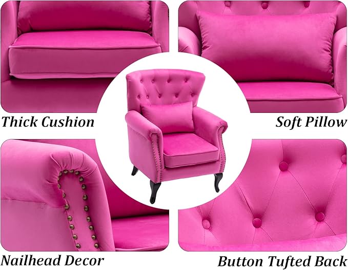 DM Furniture Set of 2 Mid-Century Modern Accent Chair, Velvet Armchair w/Tufted Back/Wood Legs, Upholstered Lounge Arm Chair Single Sofa for Living Room Bedroom, Rose Pink