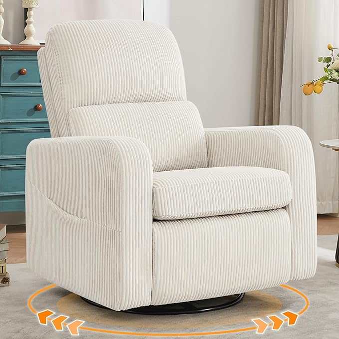 AEMEIOS Swivel Rocker Recliner, Oversized Manual Nursery Glider Rocking Recliner Chair with Removable Cushion, Upholstered Swivel Reclining Chair for Nursery Living Room Bedroom, Corduroy White