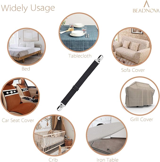 BEADNOVA Bed Sheet Straps 4 Pcs Bed Sheet Holders Fitted Sheet Clips Adjustable Sheet Suspenders Mattress Fasteners Gripper Corner Clips for Bed Mattress Cover Fitted Bed Sheets Sofa Cushion