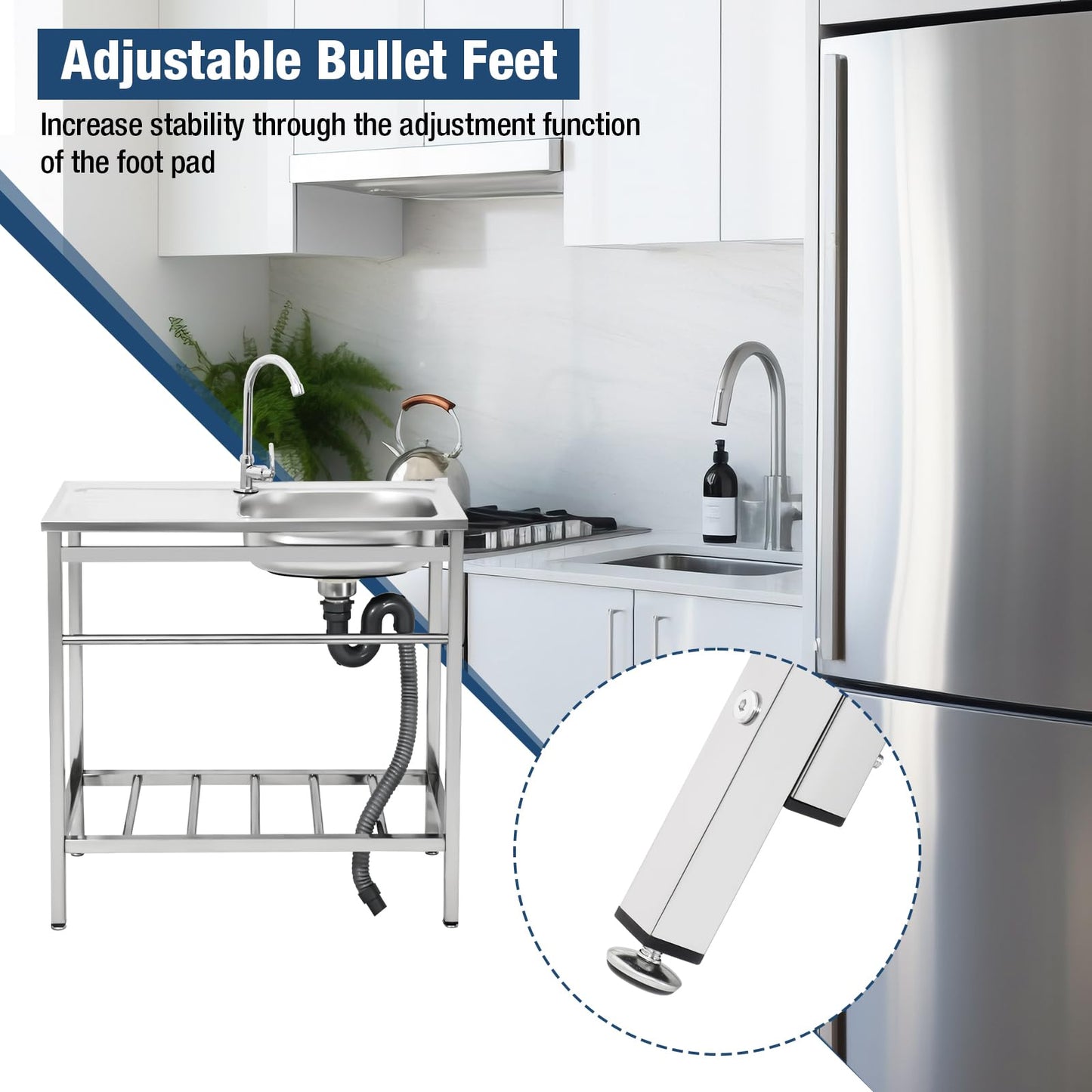 DuyviSteil Free Standing Single Bowl Kitchen Sink, Stainless Steel Utility Sink with Dual-inlet Design Faucet for Kitchen, Garage, Backyard