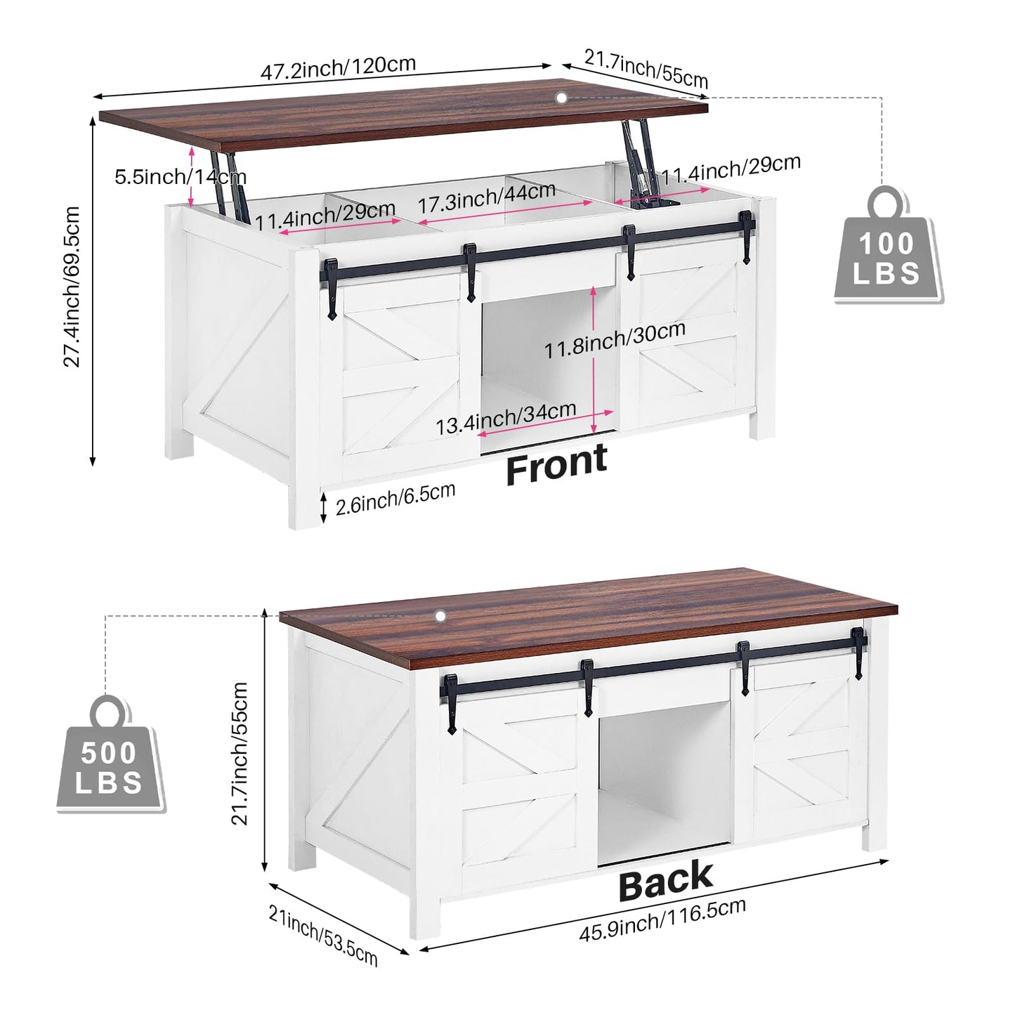 Redlife Lift Top Coffee Table with Storage, 47" Farmhouse Coffee Tables with Sliding Barn Door and Hidden Storage Space, 4 in 1 Multi-Function Square Coffee Table for Living Room, Office, White