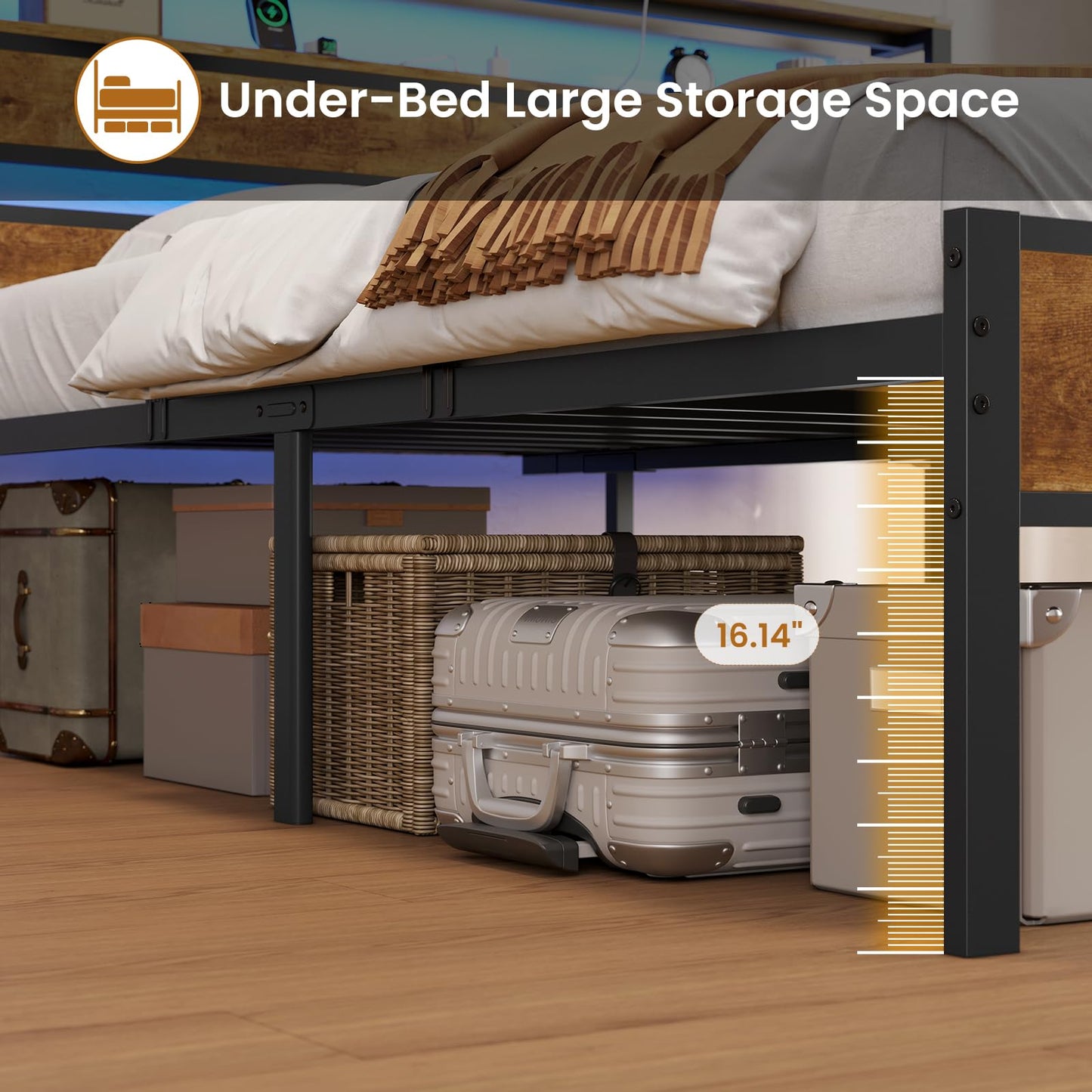 DICTAC 18 Inch Full Bed Frames with Charging Station and LED Light, Wood Headboard with 2-Tier Storage Shelves, Full Size Platform Bed Frame with Metal Slats, No Box Spring Need, Easy Assembly