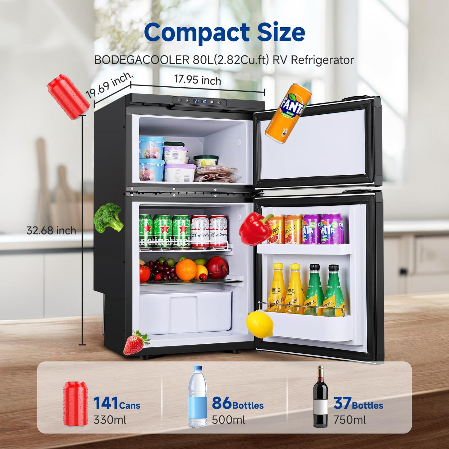 BODEGACOOLER 12 Volt RV Refrigerator, 80L(2.82cu.ft) RV Fridge with Freezer, APP Control Portable Compressor Cooler, -4℉ to 68℉, 12/24V DC for Boat, Yacht, Caravan, Truck, Camping