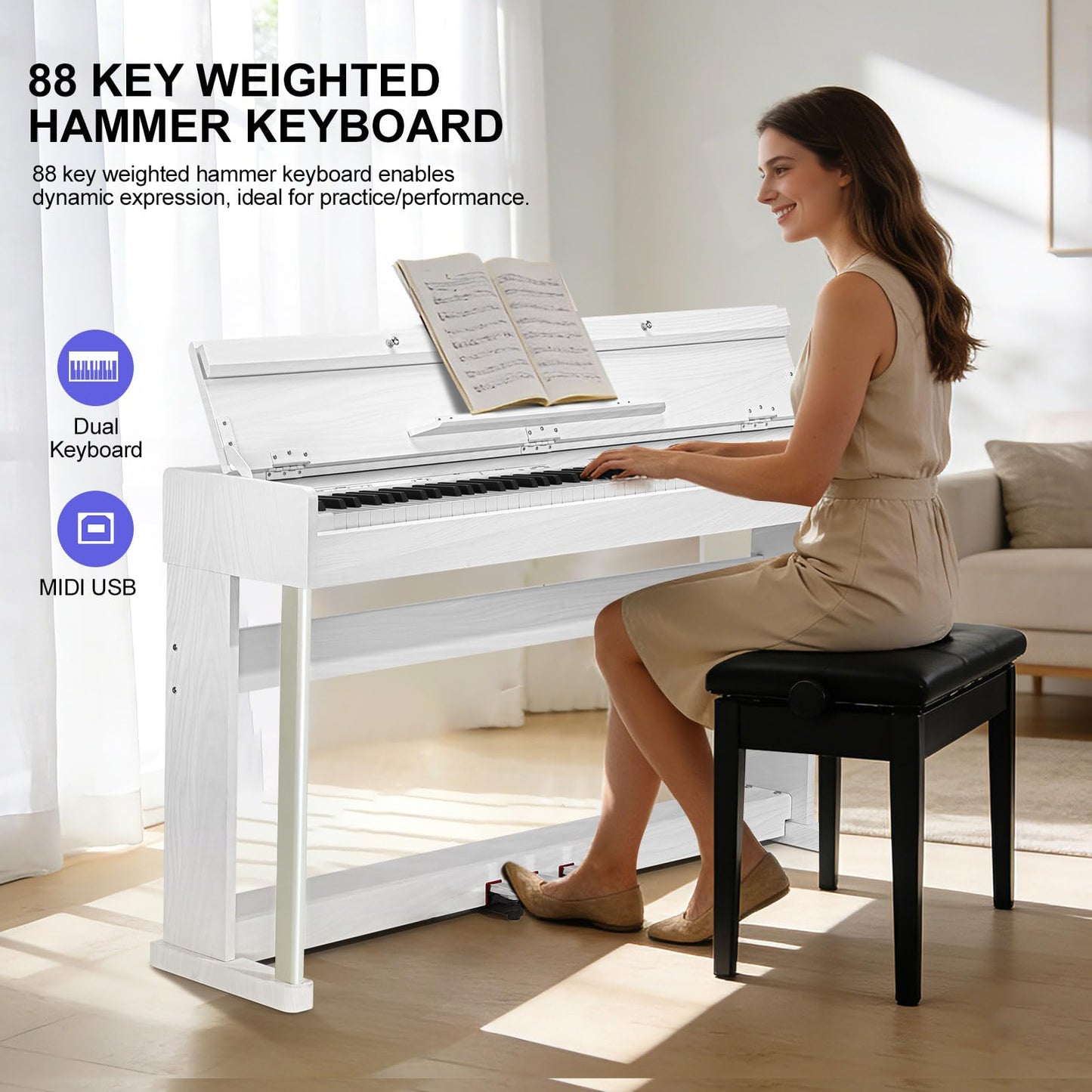 Vediya 88 Key Weighted Digital Piano Keyboard - Wood Piano Desk to Vanity, Hammer Action Electric Piano with MIDI, Ideal Home Digital Pianos & Keyboard Piano for Beginners (White)