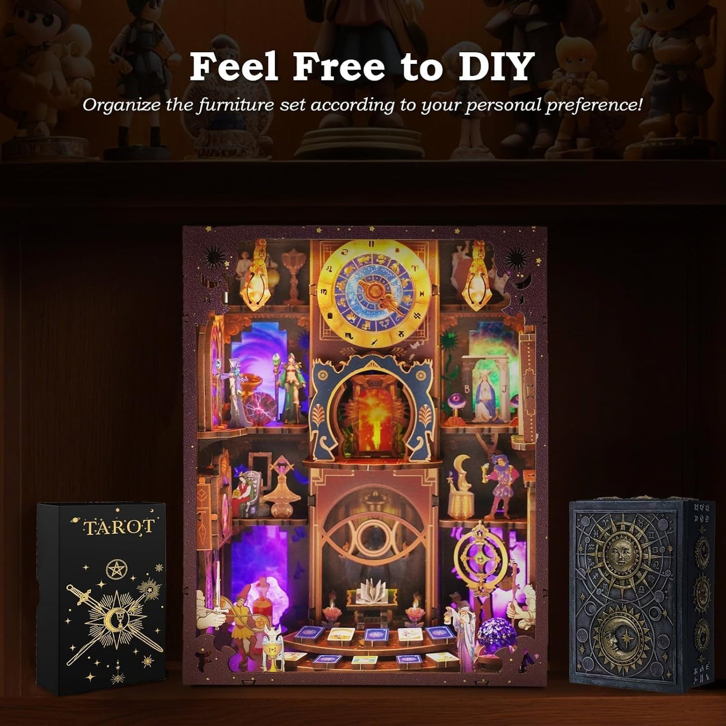 Tarot Book Nook Kit - 3D Wooden Puzzle for Adults, Teens & Beginners, DIY Miniature Bookshelf Insert with LED Light, Mysterious Craft Gift for Family, Friends