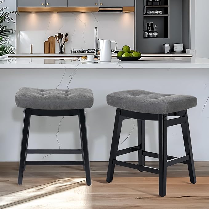 RNKSFX Counter Height Bar Stools Set of 2 for Kitchen Counter Farmhouse Modern Barstools with Faux Leather Upholstered Backless Seat and Solid Wood Legs 24 inch Bar Chairs, Grey + Black